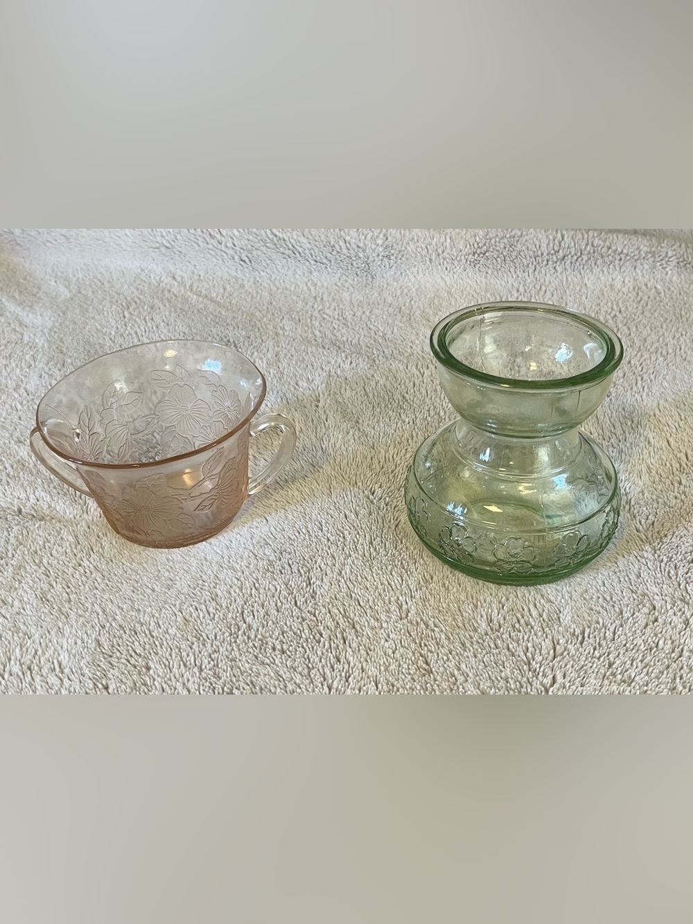 Vintage Green Glass Vase & Watermelon Pink Depression Dessert Cup Set